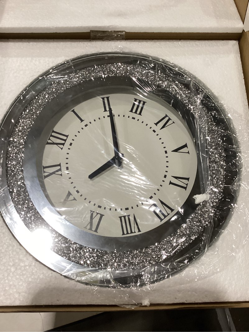 Condition photo showing Good Condition for silver round mirror clock 12inch crystal sparkle twinkle bling crush diamond mirrored wall clock for wall decoration silver glass mirror home decor. aa battery is not included. pure silver