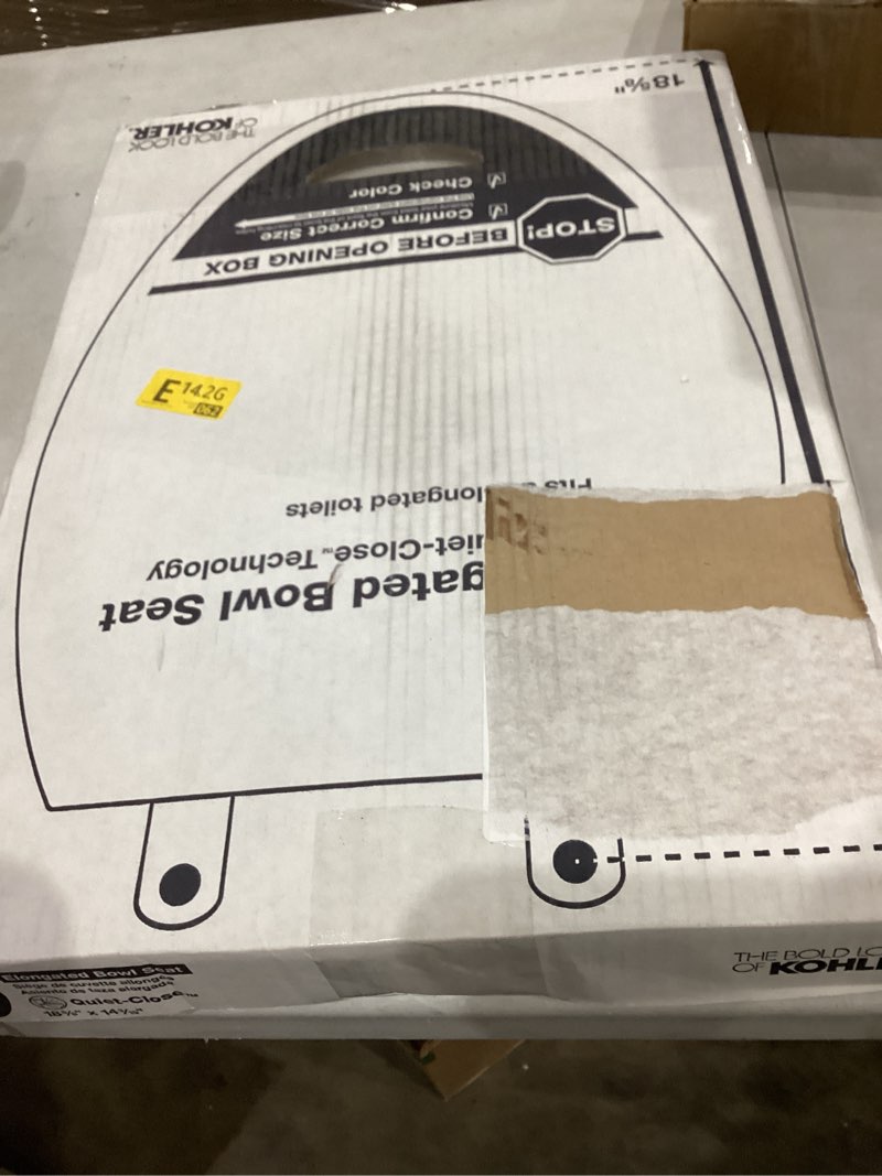 Condition photo showing New/Like New for kohler stonewood quiet-close, elongated toilet seat soft close, durable wood, easy installation, universal fit, home essentials, white finish, k-20466-0 white elongated double-hinge
