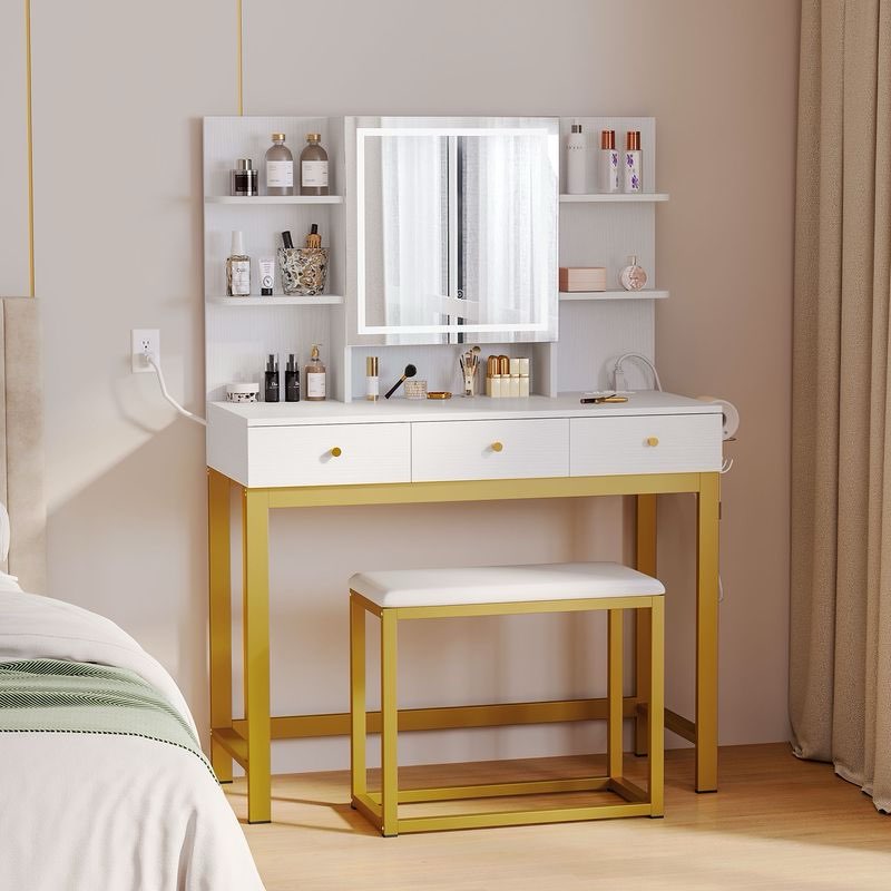 39.3" makeup vanity desk with led mirror power outlet and vanity desk