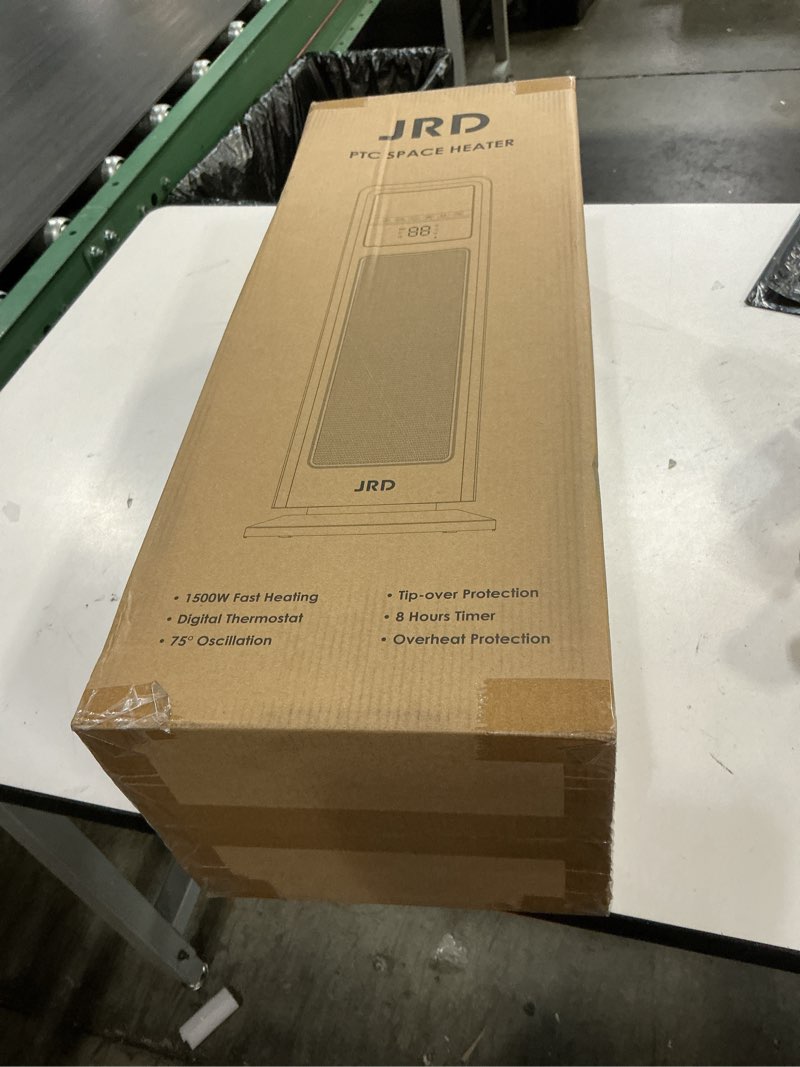 Condition photo showing New/Like New for space heater indoor use, jrd 24" fast electric heater with remote, thermostat, 75° oscillation, 1-8h timer, safe protection, 1500w portable heater for large room bedroom office garage
