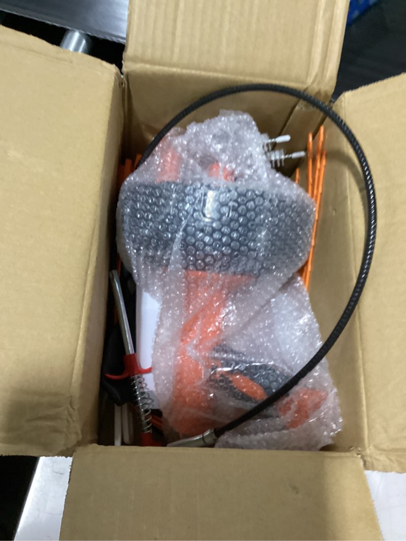 Condition photo showing New/Like New for drain auger 33 ft, auto feed drain snake with drill adapter, heavy duty plumbing snake hair clog remover tool kit with gloves & brushes for kitchen sink shower bathtub bathroom toilet clog removal