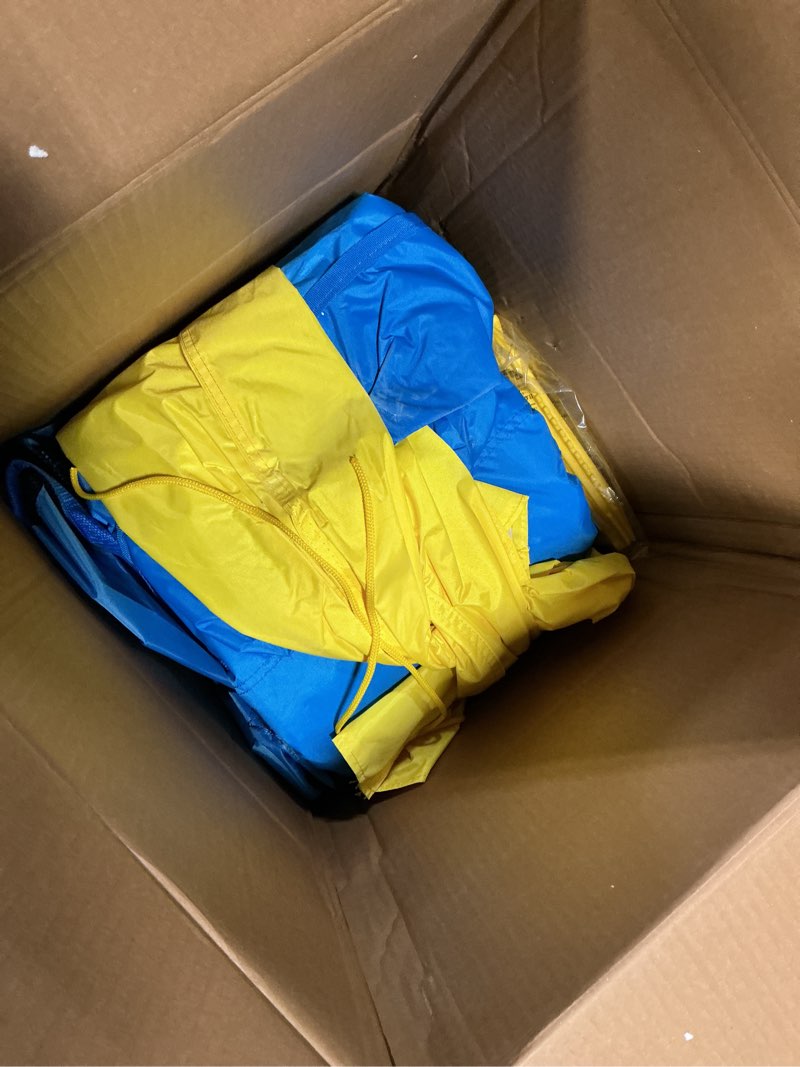 Condition photo showing As Is for little tikes jump 'n slide inflatable bouncer includes heavy duty blower with gfci, stakes, repair patches, and storage bag, for kids ages 3-8 years multi regular