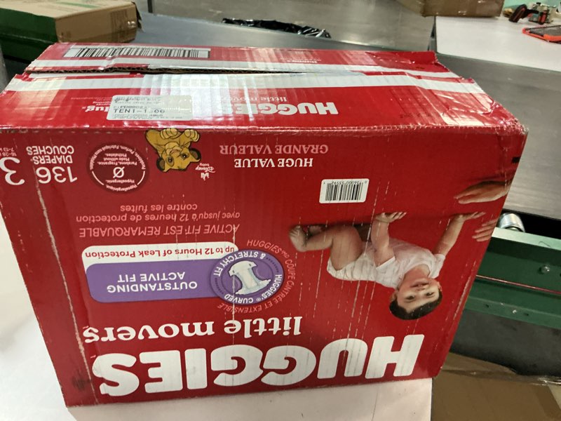 Condition photo showing New/Like New for huggies size 3 diapers, little movers baby diapers, size 3 (16-28 lbs), 136 count, packaging may vary