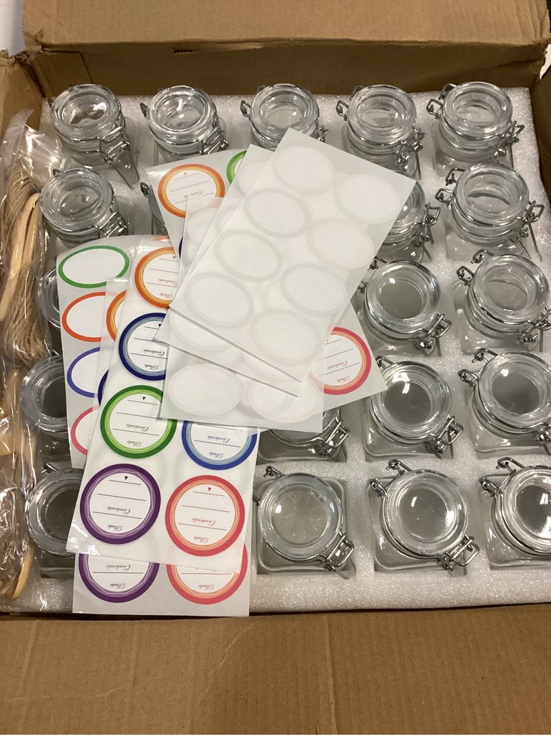Condition photo showing New/Like New for 1.7 oz Mini Glass Spice Jars with Labels, Small Stash Jars with Airtight Hinged Lid, 12 Pack Empty Spice Bottles with Rubber Gasket for Herb Tea Seasoning Storage