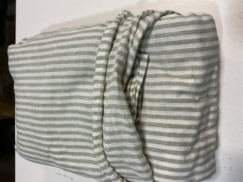 Condition photo showing As Is for quince european linen sheet set, king, willowleaf/white stripe