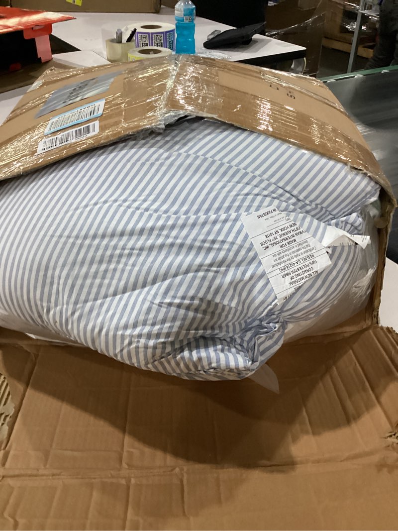 Condition photo showing As Is for laura ashley - queen comforter set, soft cotton blend bedding with medium weight feel, reversible bedding with matching pillowscases, bonus euro shams & throw pillows, 7 piece bed set (nora blue) queen nora blue