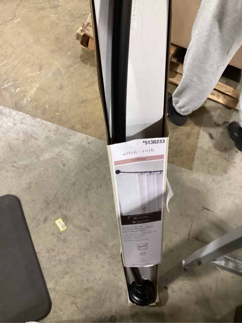 Condition photo showing As Is for allen + roth 44-in to 72-in Matte Black Fixed or tension Single curve Adjustable Shower Curtain Rod