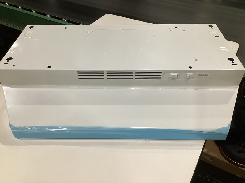Condition photo showing As Is for (DAMAGED, NOT TESTED) Broan-NuTone 413001 Non-Ducted Ductless Range Hood with Lights Exhaust Fan for Under Cabinet, 30-Inch, White White 30-Inch