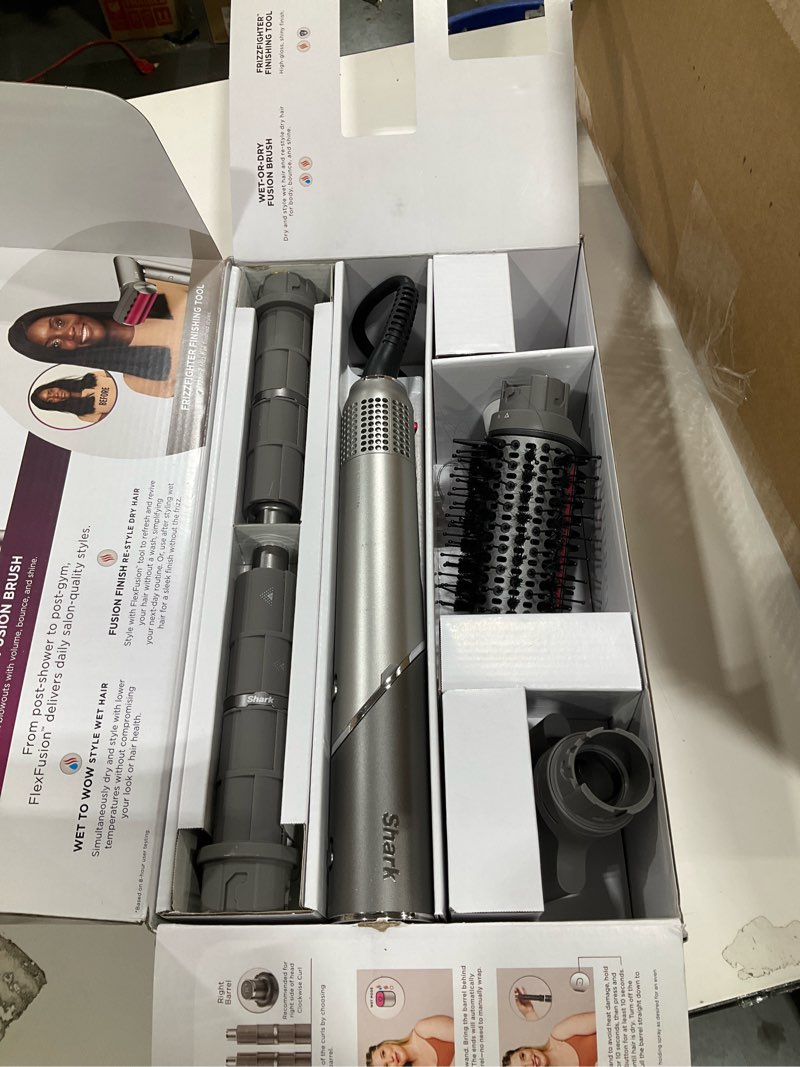 Condition photo showing Good Condition for Shark FlexFusion Hair Dryer with Fusion Hair Brush, Ceramic Air Styler with Auto-Wrap Hair Curlers & Concentrator, Ceramic Plates, Metallic Mist HD641 FlexFusion-Straight & Wavy Hair