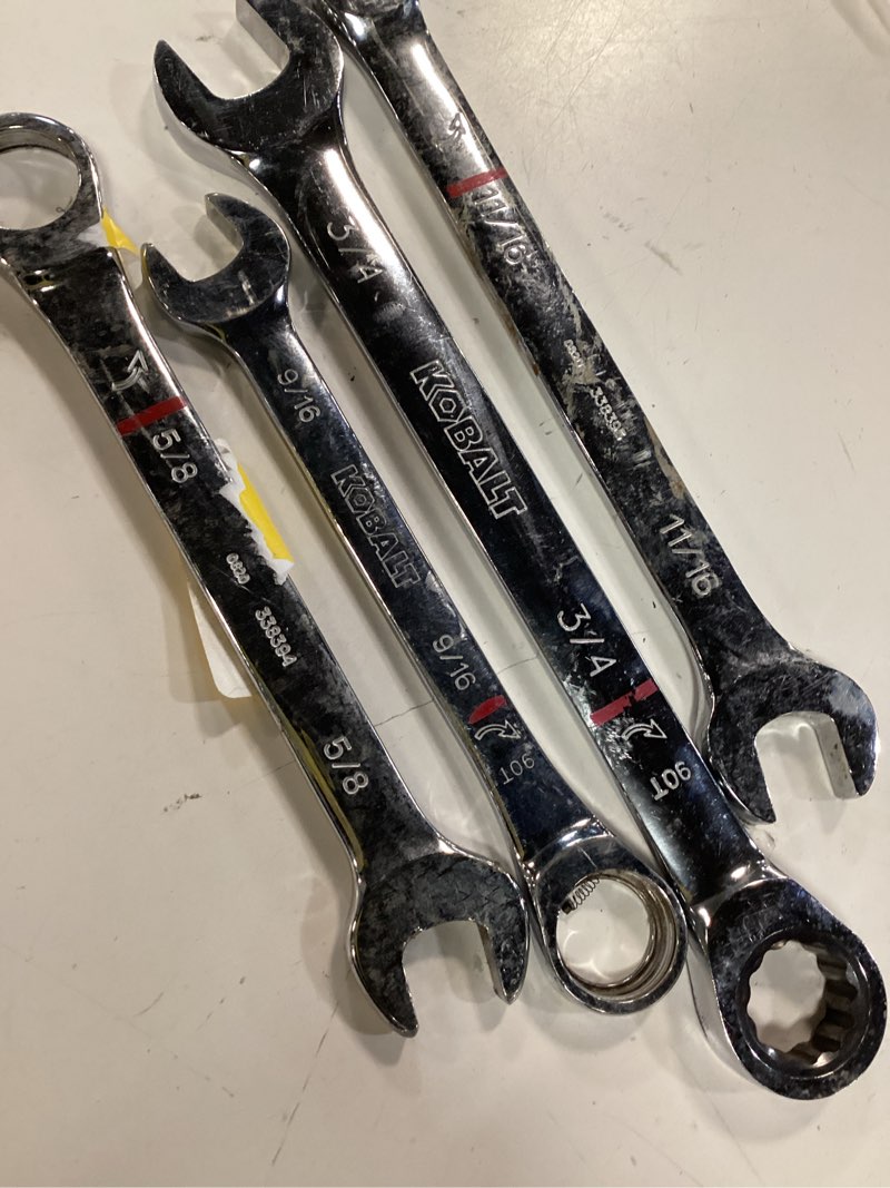 Condition photo showing Good Condition for kobalt 4-piece polished chrome standard (sae) wrench set size (11/16) (3/4) 9/16)( 5/8)