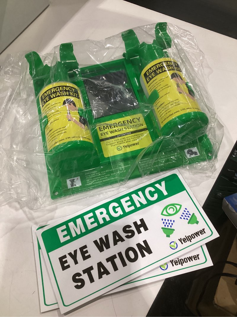 Condition photo showing Good Condition for portable eyewash station osha-approved - upgraded emergency eye wash bottles flush kit clean both eyes simultaneously first aid wall mounted 16oz 2pcs?no solution?