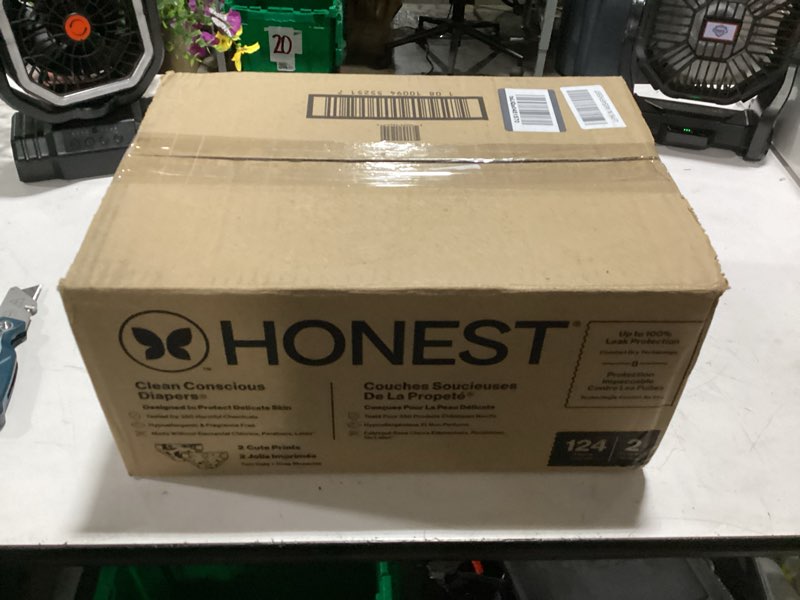 Condition photo showing As Is for the honest company comfort dry disposable daytime diapers for sensitive skin, hypoallergenic, fragrance-free, rose blossom + tutu cute, super club box, size 2 (12-18 lbs), 124 count size 2 (124 count) rose blossom + tutu cute