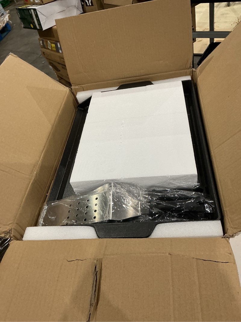 Condition photo showing New/Like New for bbq future universal cast iron griddle for gas grill with spatula set, 23" x 16" pre-seasoned nonstick griddle insert large bbq flat top plate for all gas/electric grill, stove top and more
