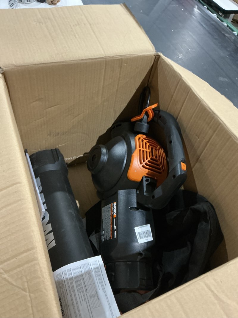 Condition photo showing As Is for worx trivac 3 in 1 electric leaf blower for lawn care, leaf vacuum with 600 cfm, leaf mulcher with metal impeller, wg512 600cfm blower/vac/mulcher