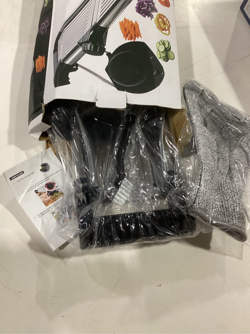 Condition photo showing New/Like New for vekaya mandoline slicer, mandoline slicer for kitchen, adjustable mandolin, stainless steel mandoline, vegetable slicer, potato, onion, cucumber, tomato, veggie slicer with cut-resistant gloves silver