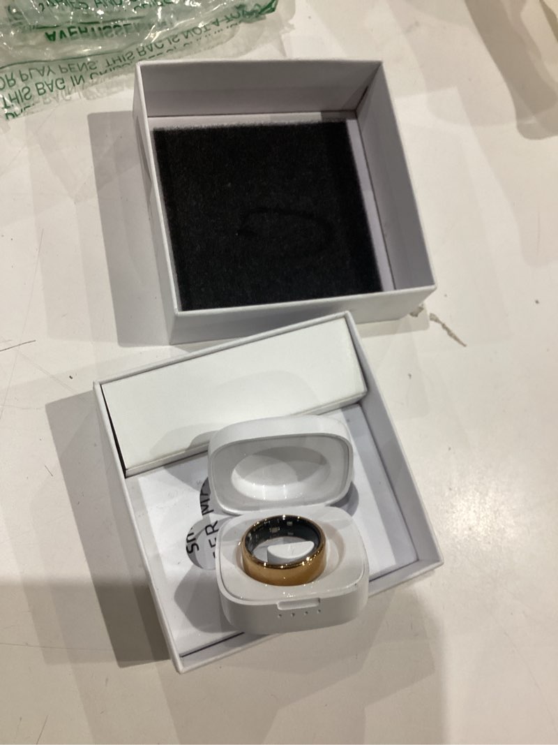 Condition photo showing As Is for smart health ring for women men fitness tracker with heart rate, blood oxygen, blood pressure, sleep monitoring, step counting, ip68 waterproof for ios and android, no app fee, gold 10 10 gold