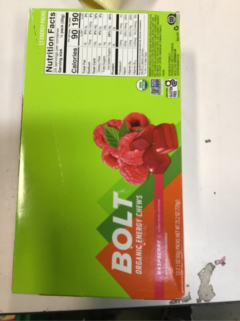 Condition photo showing New/Like New for PROBAR - BOLT Organic Energy Chews, Raspberry, Non-GMO, Gluten-Free, USDA Certified Organic, Healthy, Natural Energy, Fast Fuel Gummies with Vitamins B & C (12 Count)
