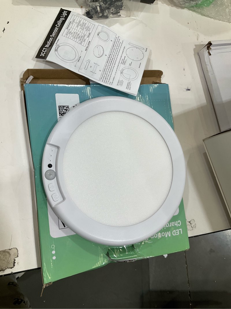 Condition photo showing Good Condition for combuh battery operated shower light waterproof inside, rechargeable motion sensor ceiling lights battery powered with remote, no wiring magnetic cordless led overhead lighting for closet hallway 3cct-round 1pack