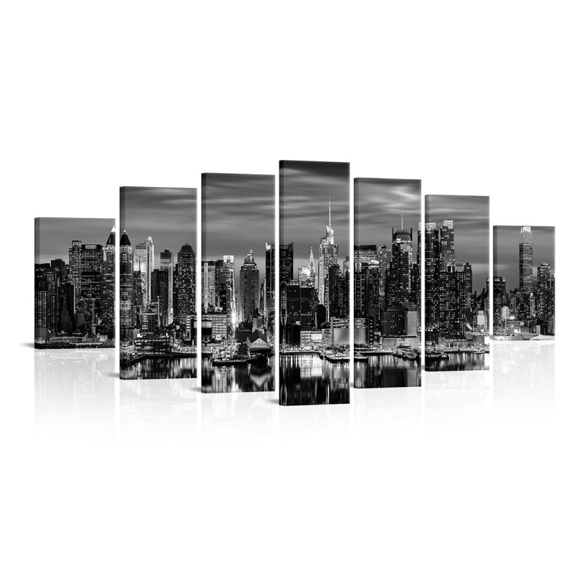 levvarts huge 7 pieces new york city canvas wall art manhattan skyline night view picture painting modern black and blue city poster prints for home office living room wall decoration (blue)