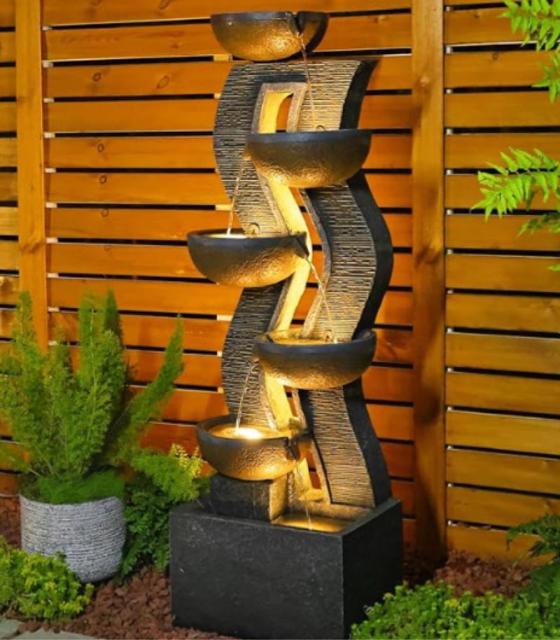 SERBILHOME 6-Tiered Garden Fountains Outdoor 52.8''H Waterfalls with Lights,Large Resin Patio Fountain, Cascading Waterfall Feature for Patio,Yard, Deck, House Decor, Wave Design with Bowls