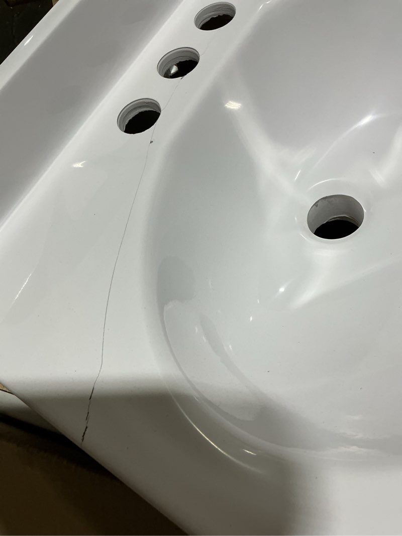 Condition photo showing As Is for 18.5 in. single sink gray bath vanity with white cultured marble top