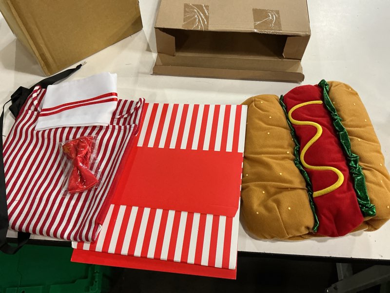 Condition photo showing New/Like New for 5 pcs 1950s kids waiter costume with hot dog pet costume, popcorn soda jerk carnival circus party cosplay