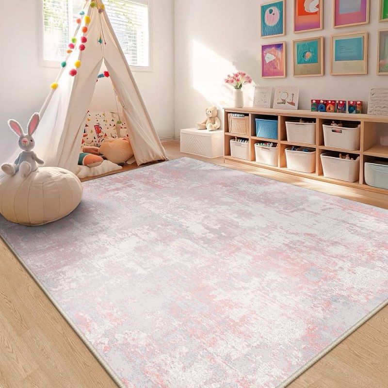 releany washable 6'x9' abstract area rug for living room gray pink | carpet for bedroom, kitchen, office, hallway and entryway, printed pattern, non-slip, soft, stain-resistant, easy to clean