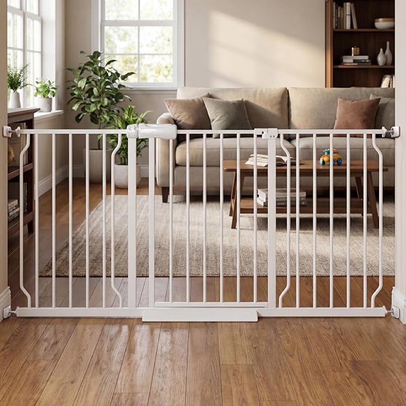 57.5"-62" extra wide auto closing baby safety gate for stairs & doorways, pressure mounted no drill pet gate with walk-through door - heavy duty childproof gate for toddlers, kids, dogs