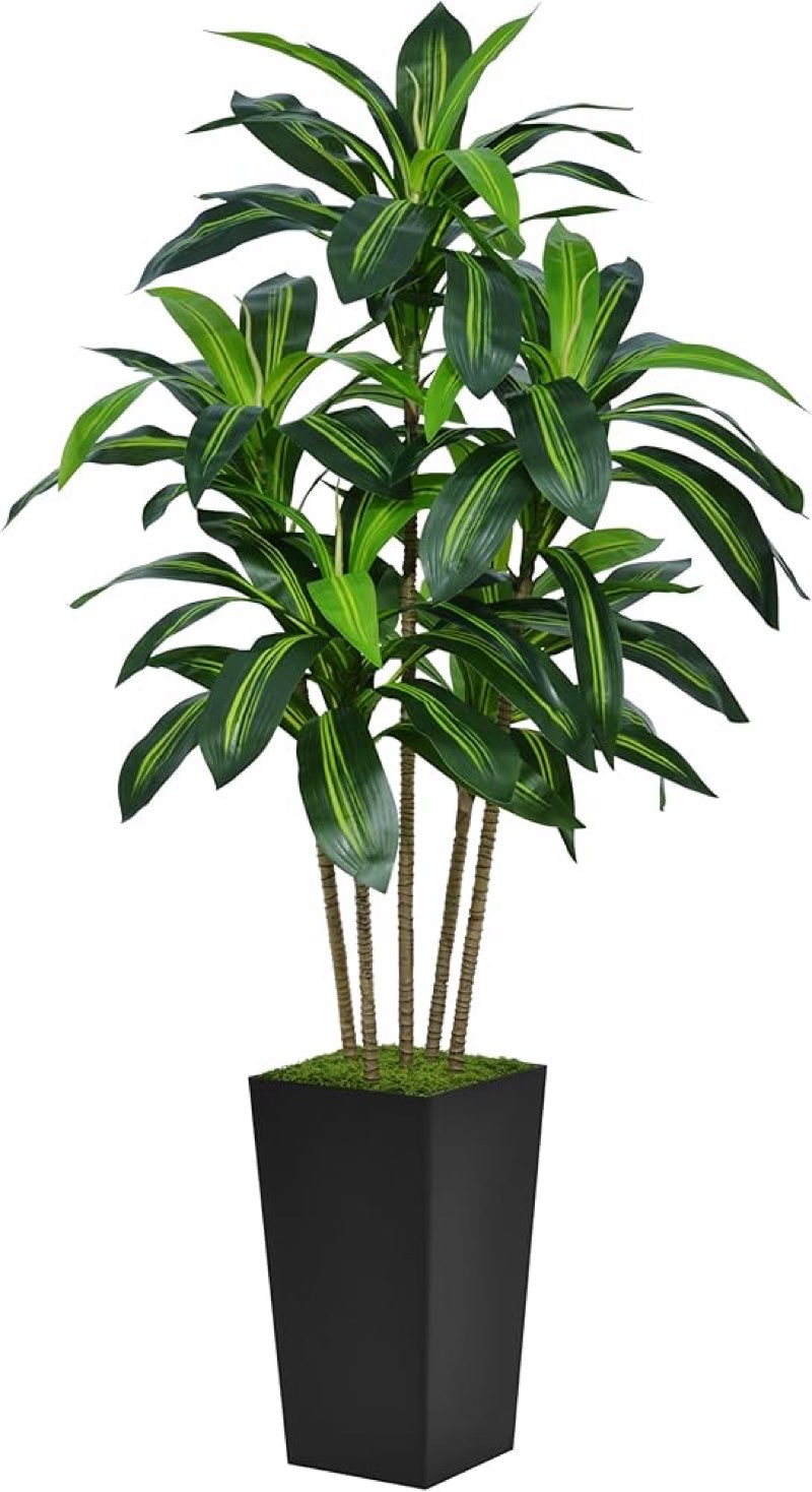 Artificial Dracaena Tree Indoor, 5Ft Faux Plants Indoor with Black Tall Planter - Faux Yucca Tall Fa