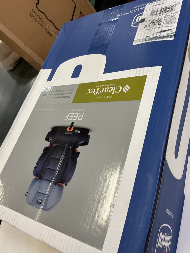 Condition photo showing New/Like New for chicco kidfit cleartex plus 2-in-1 belt-positioning booster car seat, backless and high back booster seat, for children aged 4 years and up and 40-100 lbs. | reef/navy