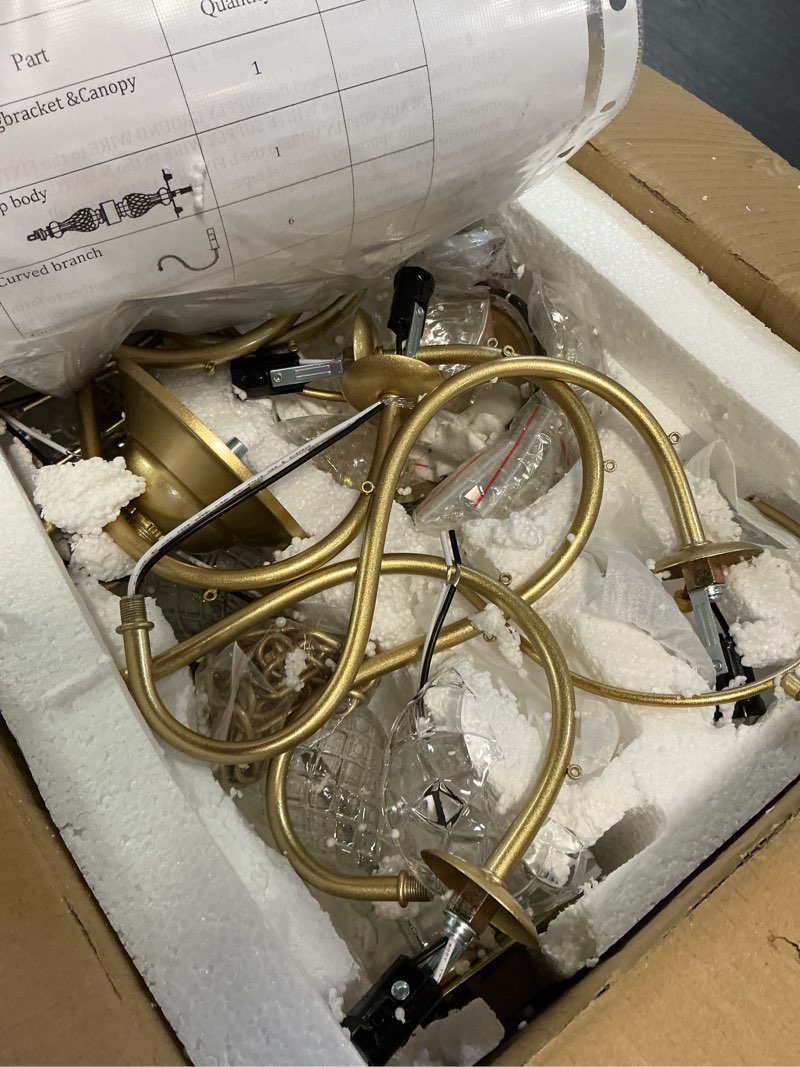 Condition photo showing As Is for bestier gold finish elegent crystal candle candelabra chandelier 6 light lighting fixture led pendant ceiling light dia 26 in x h 26 in gold, d26" h26"