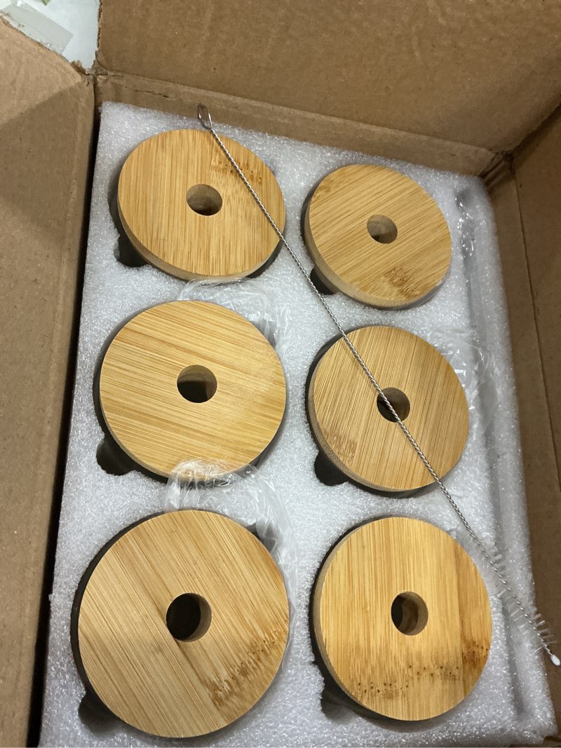 Condition photo showing Good Condition for sentvend 20 oz drinking glasses with bamboo lids and glass straw - 6 pcs glass cups beer ice coffee glasses cute aesthetic cup great for coffee bar accessories include 2 cleaning brushes