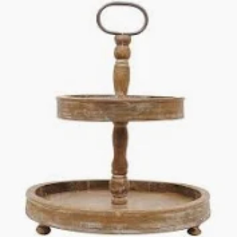Distressed Brown Wood 2-Tier Tray with Metal Handle