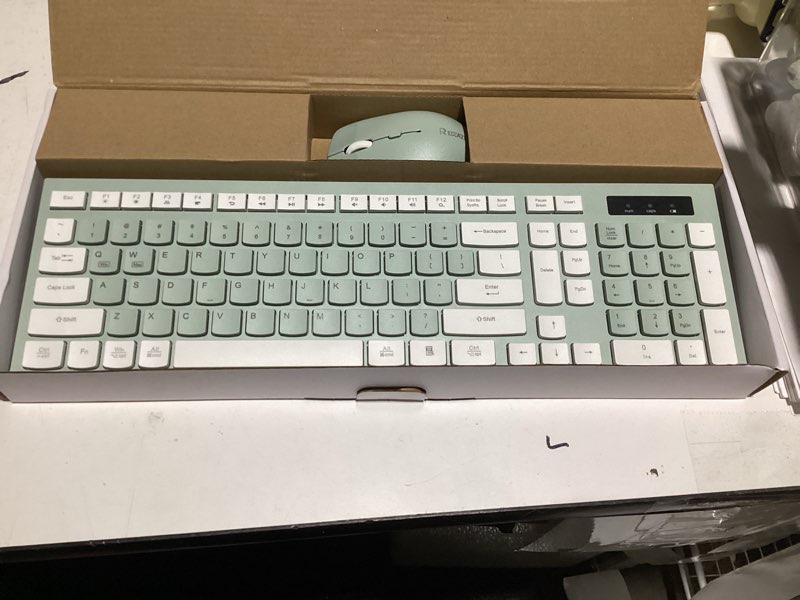Condition photo showing As Is for Wireless Keyboard and Mouse Combo, Full-Sized Wireless Keyboard and Adjustable DPI Mouse, 2.4GHz USB Receiver, Silent Keyboard and Mouse for PC, Windows, MAC, Desktop, Laptop (Avocado Green)