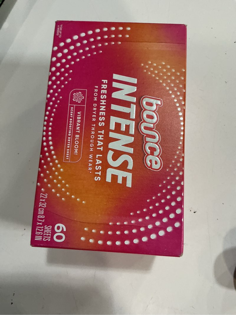 Condition photo showing New/Like New for bounce intense dryer sheets, vibrant bloom, 60 count, scent boosting dryer sheet