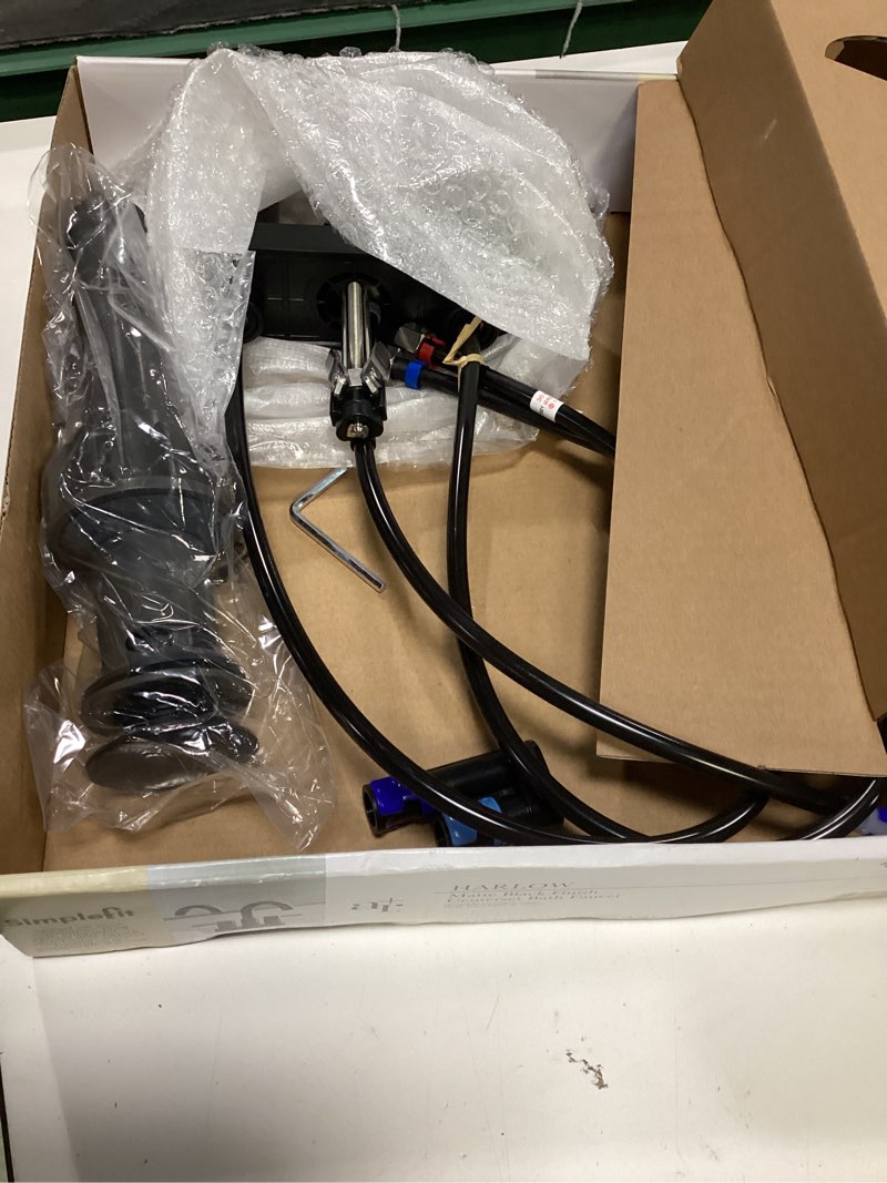 Condition photo showing As Is for 1k+ bought last week allen + roth harlow simplefit matte black 4-in centerset 2-handle watersense high-arc