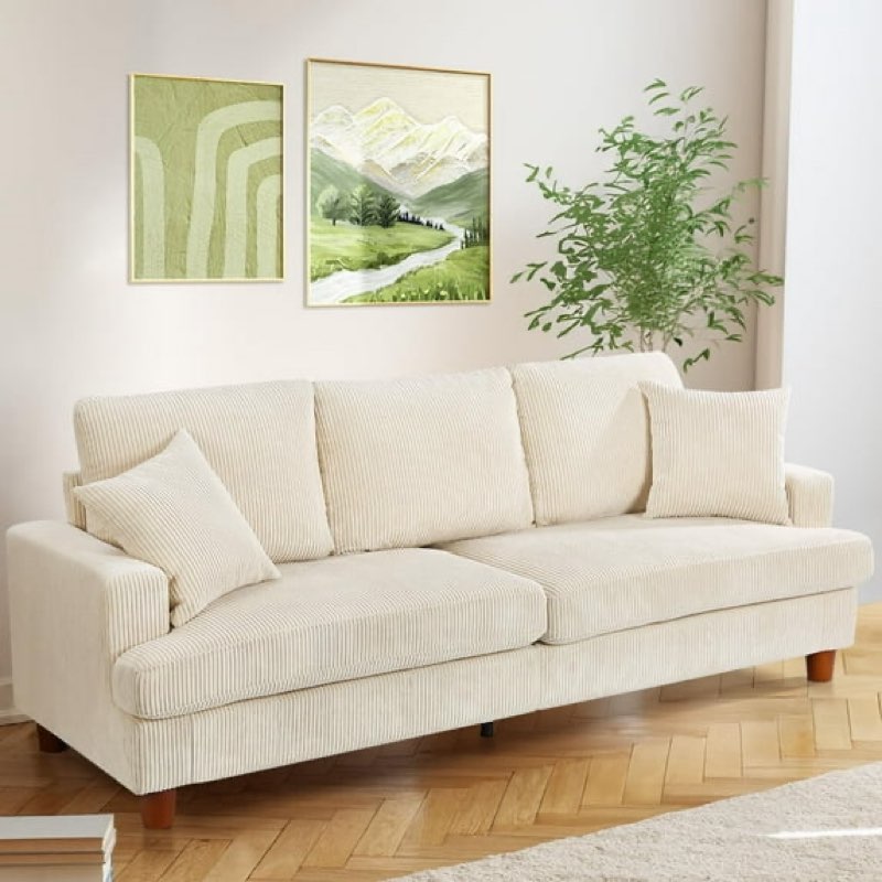 87" corduroy sofa,3 seater sofa with extra deep seats,neche comfy upholstered couch for living room,2 pillows,beige
