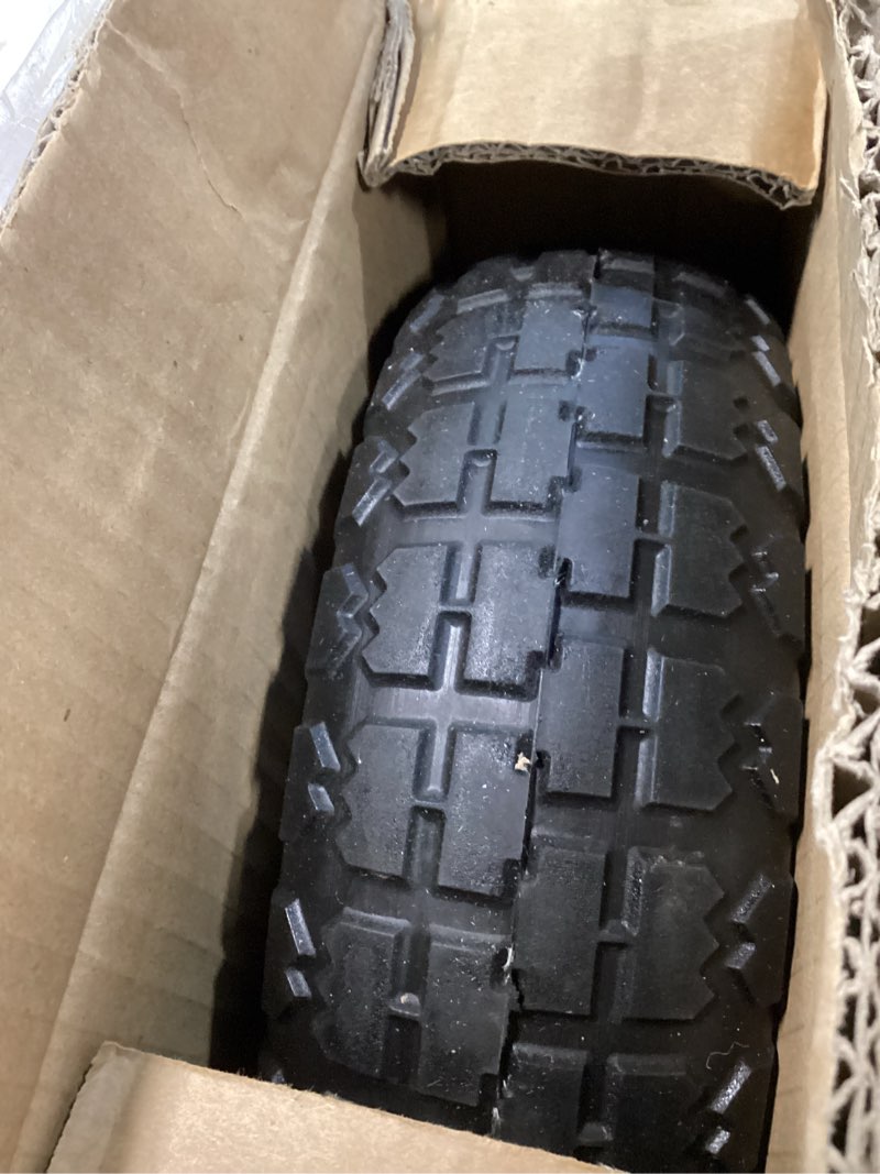 Condition photo showing New/Like New for 10" solid rubber tire, 4.10/3.50-4 tire and wheel flat free, 1 tire with 3/4" bearings, 2.17"offset hub for gor garden cart, wheelbarrow, trolleys, hand trucks & yard trailers 3/4in-10in