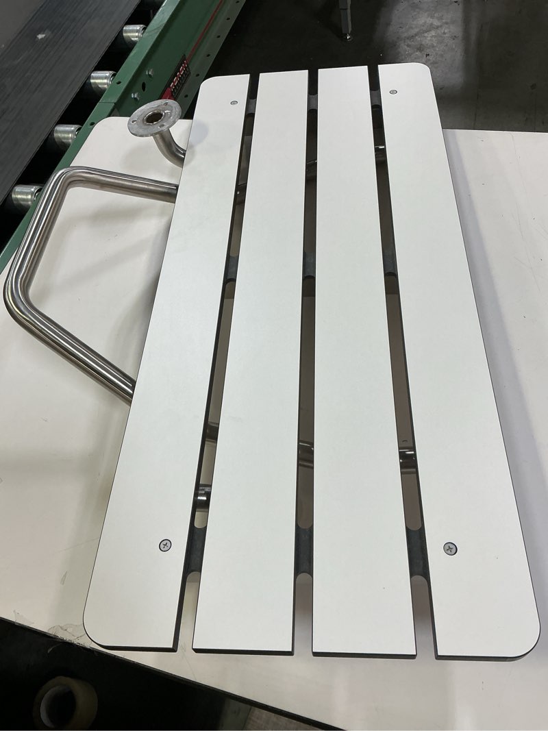Condition photo showing As Is for 32\" x 15\" Phenolic White 3” Slats Folding Wall Mount Shower Seat Bench, ADA Compliant