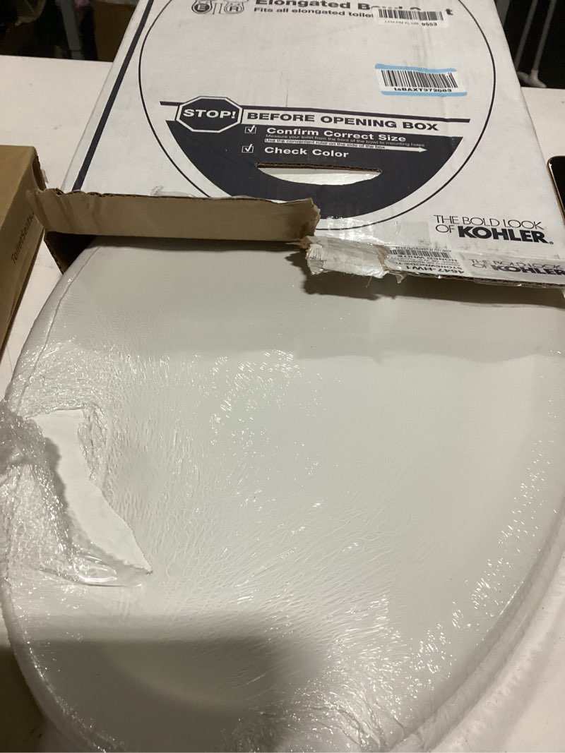 Condition photo showing New/Like New for kohler 4647-hw1 stonewood toilet seat elongated,wood toilet seat, elongated toilet seat for standard toilets, toilet lid, honed white honed white elongated