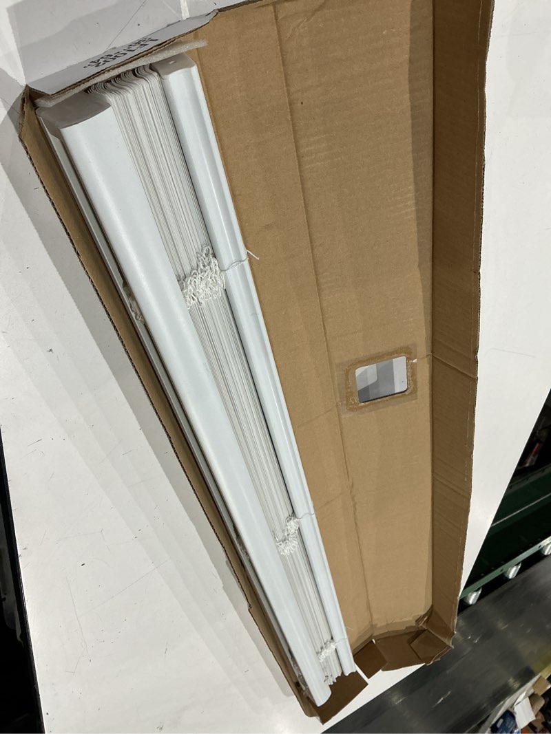 Condition photo showing As Is for project source light filtering 1-in slat width 36-in x 64-in cordless white vinyl light filtering mini-blinds