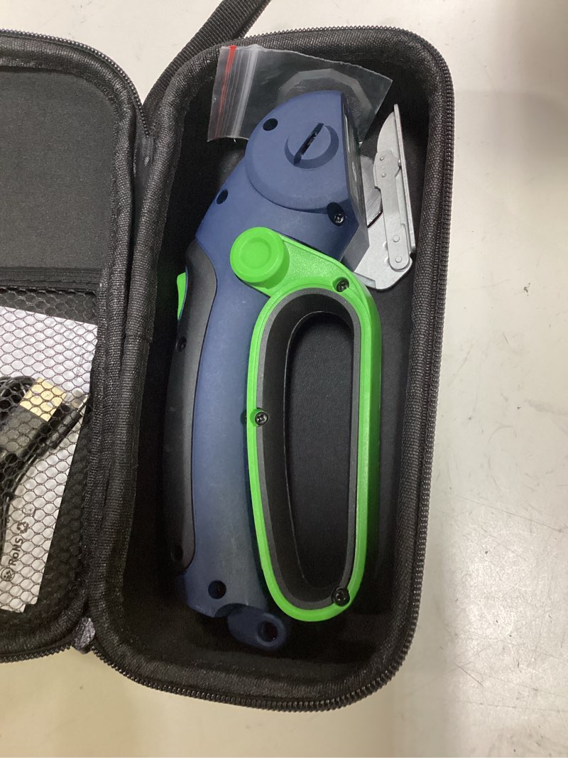 Condition photo showing Good Condition for zeite 4v cordless electric scissors,cardboard cutter with 2 blades,storage box,usb charging cable,power rotary cutter,max cutting 1/4",for cardboard box,thin carpet & plastic, easy to hold and safe blue
