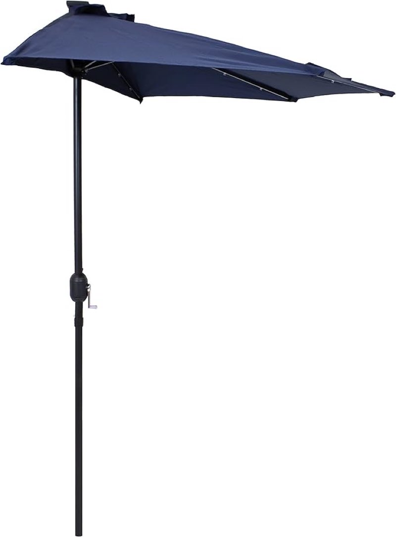 helios&hestia 9 ft small half round solar powered wall outdoor market patio umbrella with led lights and tilt for garden, deck, balcony navy blue