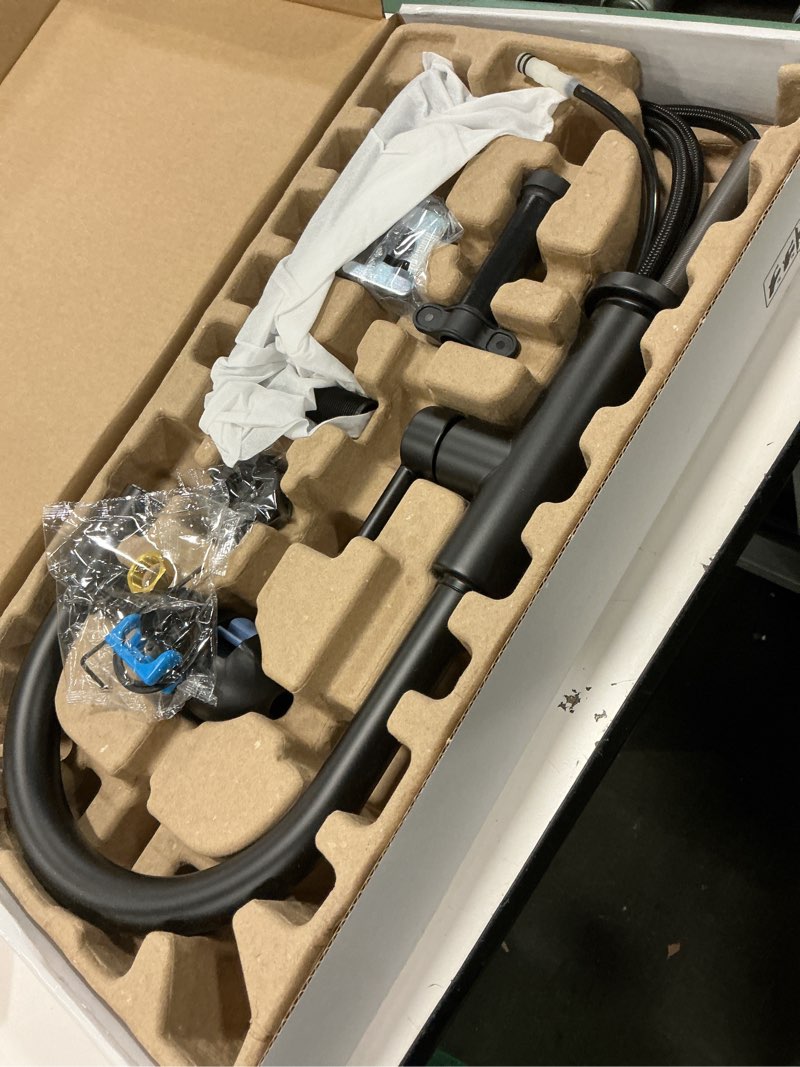Condition photo showing As Is for Delta Nicoli Matte Black Kitchen Faucet with Pull Down Sprayer, Bridge 3 Hole Modern Kitchen Sink Faucet, Two-Handle, Matte Black 19867LF-BL