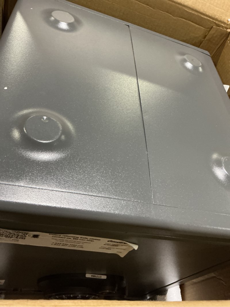 Condition photo showing New/Like New for sentrysafe medium gray fireproof safe and waterproof safe box with dial combination, home security for money, documents, or other valuables, 1.23 cubic feet, sfw123dsb 1.23 cu.ft. 1-hr. fireproof, combination, bolt-down safe