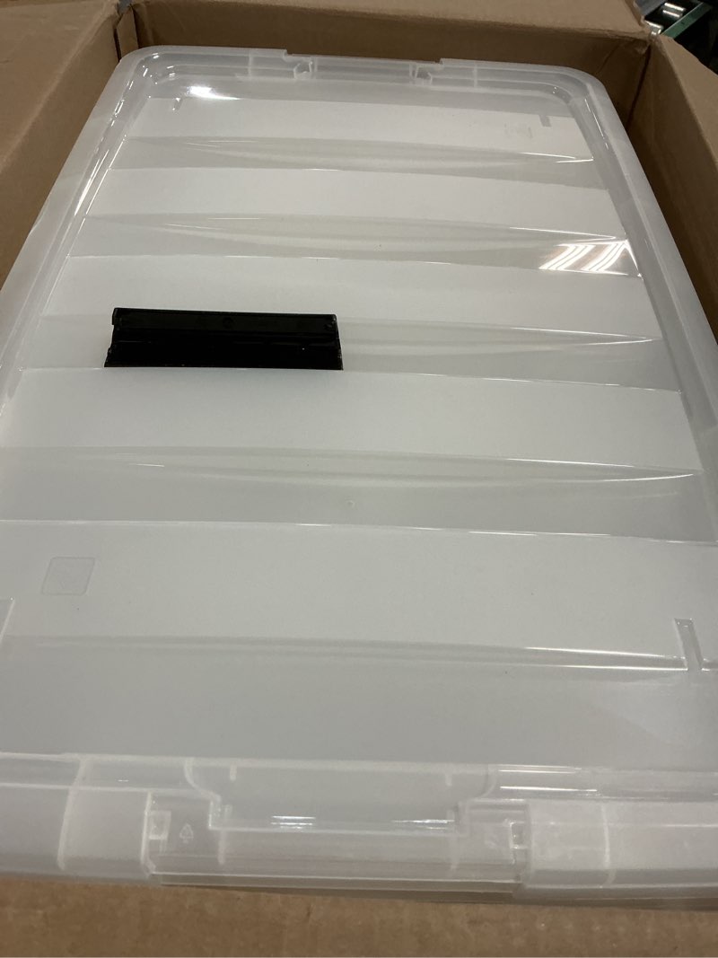 Condition photo showing As Is for IRIS USA 72 Qt Stackable Plastic Storage Bins with Lids, 4 Pack - BPA-Free, Made in USA - See-Through Organizing Solution, Latches, Durable Nestable Containers, Secure Pull Handle - Clear Clear 72 Qt 4 Pack