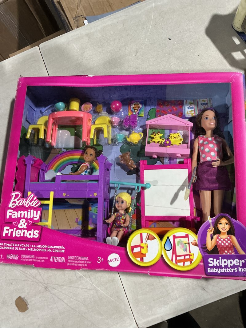 Condition photo showing New/Like New for barbie skipper first jobs daycare playset, 3 dolls, furniture & 15+ accessories, includes bunkbeds & color-change easel