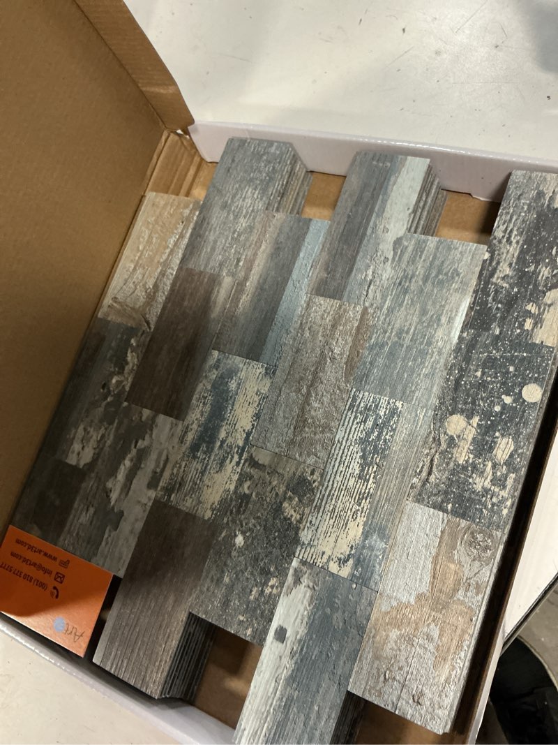 Condition photo showing Good Condition for art3d 10-sheet peel and stick backsplash pvc wall tile, stickon tile for kitchen backplash, bathroom vanities, fireplace decor, laundry table, stair decals in spruce grey rustic, plastic-sheets spruce-gray 11.3"x13.5"