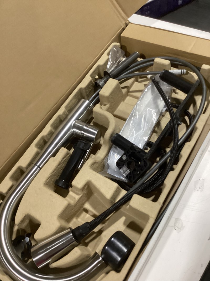 Condition photo showing Good Condition for Delta Essa Brushed Nickel Kitchen Faucet with Pull Down Sprayer, Modern Single Hole Kitchen Sink Faucet, Single Handle, Arctic Stainless 9113-AR-DST