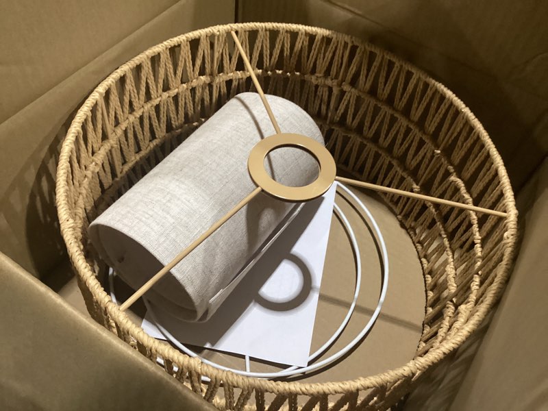 Condition photo showing New/Like New for boho rattan lamp shade, 12.6" top x 12.6" bottom x 7.68" high, natural rattan & linen double layer lamp shades for floor lamps table lamps chandelier, uno fitter lampshade replacement, easy assembly